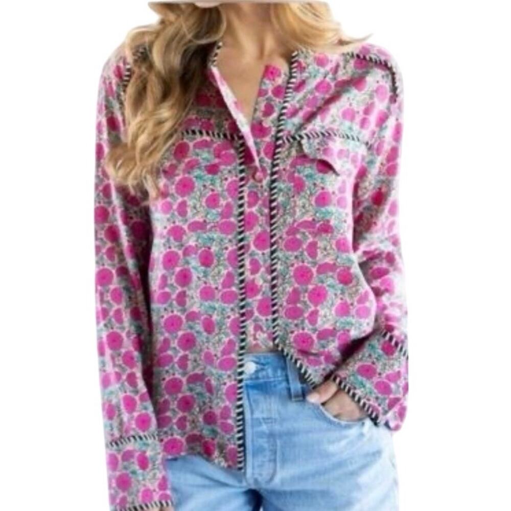 Natural Life Calypso Button Down Pink Puff Floral Boho Blouse Shirt Size XS